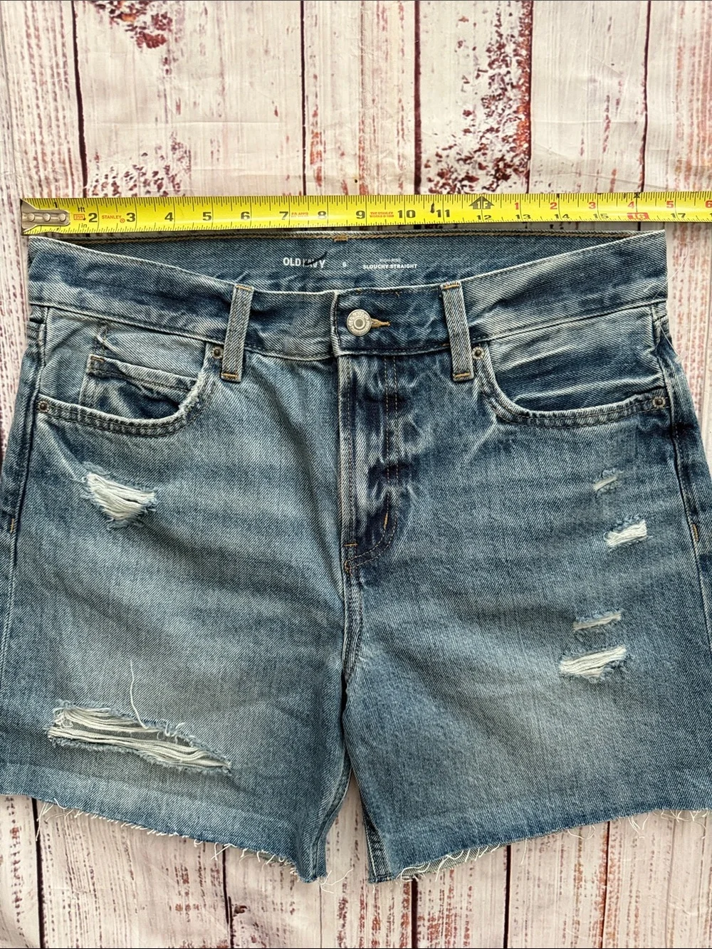 Old Navy High Rise Slouchy Straight Distressed Denim Long Cutoff Shorts 6 NWOT